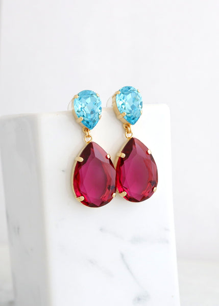 Fuchsia Pink Statement Long Earrings, Pink Turquoise Chandelier Earrings, Pink Blue Crystal Earrings, Bridal Pink Blue Long Earrings.