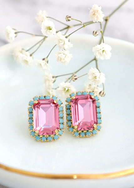 Pink Stud Earrings, Rose Pink Blue Crystal Earrings, Blue Pink Stud Earrings, Pink Crystal Earrings, Gift for her, Octagon Crystal Earrings