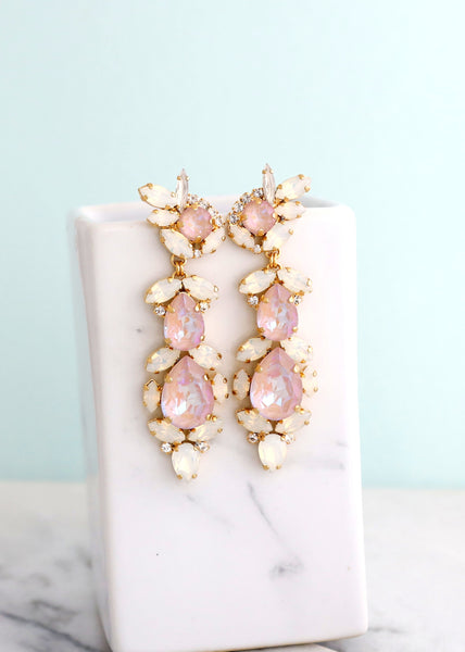 Pink Chandelier Earring, Dusty Pink Long Earrings, Bridal Pink Crystal Earrings, Long Crystal Bridal Pink Earrings, Pink Opal Earrings