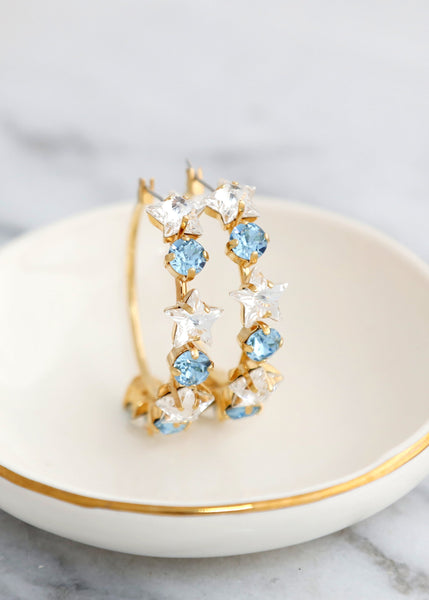 Star Hoop Earrings, Star Earrings, Oversize Hoop Earrings, Large Hoop Bridal Earrings, Stars and Celestial Earrings, Aquamarine Earrings