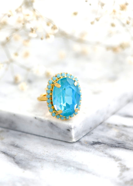 Blue Turquoise Ring, Blue Crystal Cocktail Ring, Blue Lagoon Statement Crystal Ring, Blue Adjustable Crystal Ring, Turquoise Oval Ring
