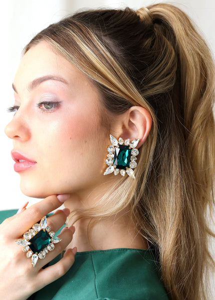 Emerald Statement Crystal Earrings, Emerald Green Crystal Earrings, Bridal Dark Green Oversize Earrings, Emerald Bridal Stud Big Earrings