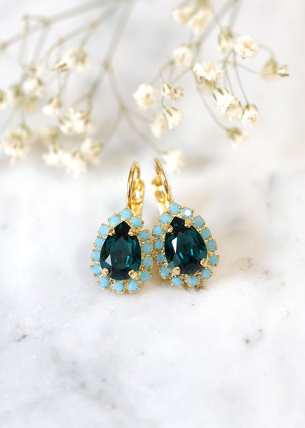 Emerlad Crystal Drop Earrings, Blue Green Crystal Bridal Lever Back Earrings, Bridesmaids Earrings, Green Emerlad Drop Crystal Earrings