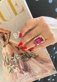 Fuchsia Cocktail Crystal Ring, Hot Pink Statement Crystal Ring, Fuchsia Statement Gold Crystal Ring, Adjustable Cocktail Pink Ring.
