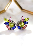 Multi Color Cluster Earrings, Bridal Blue Green Bridal Earrings, Green Pink Climbing Earrings, Multi Color Crystal Cluster Stud Earrings