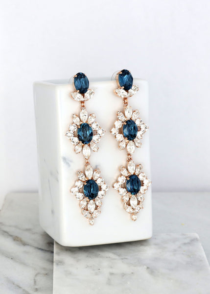 Blue Navy Long Crystals Earrings, Blue Navy Bridal Chandelier Earrings, Navy Blue Statement Bridal Earrings, Sapphire Blue Long Earrings