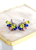Multi Color Cluster Earrings, Bridal Blue Green Bridal Earrings, Green Pink Climbing Earrings, Multi Color Crystal Cluster Stud Earrings