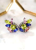 Multi Color Cluster Earrings, Bridal Blue Green Bridal Earrings, Green Pink Climbing Earrings, Multi Color Crystal Cluster Stud Earrings