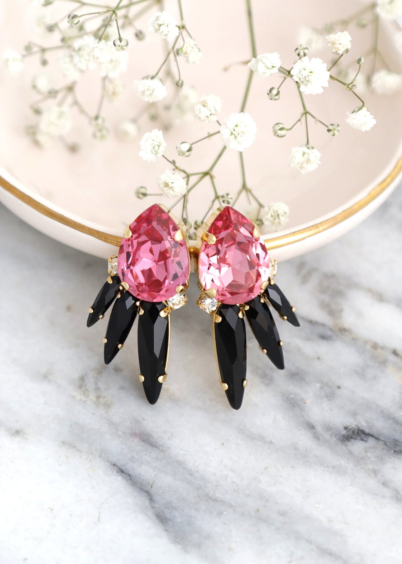Pink Statement Earrings, Pink Blak Crystal Earrings, Pink Rose Crystal Stud Earrings, Black Pink Crystal Swarovski Earrings, Pink Earrings