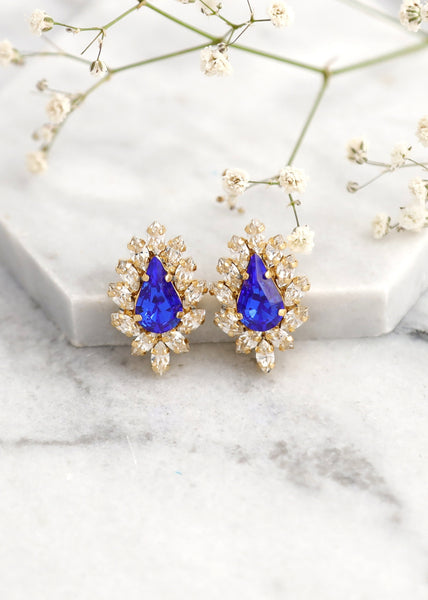Royal Blue Studs Earrings, Bridal Blue Sapphire Crystal Earrings, Blue Cluster Stud Earrings, Bridesmaids Earrings, Royal Blue Jewelry