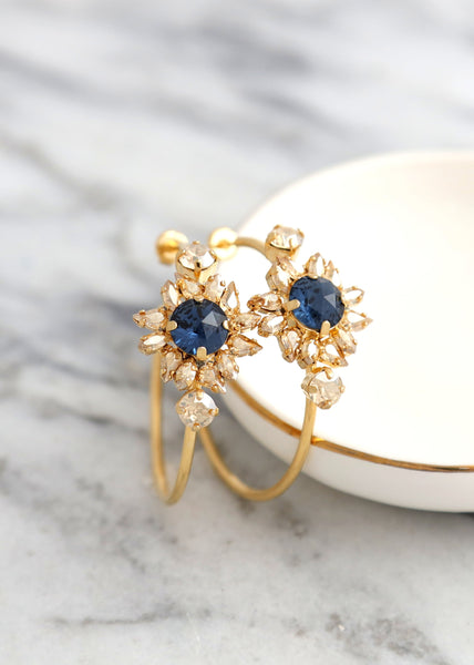 Navy Blue Earrings, Blue Navy Crystal Hoop Crystal Earrings, Oversize Hoop Earrings, Blue Hoop Gold Earrings, Hoop Earrings, Gift For Her