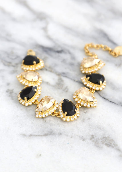Black Gold Crystal Swarvoski Bracelet, Black Champagne Bridal Bracelet, Black Crystal Pear Shape Bracelet, Black Wedding, Gift For Her