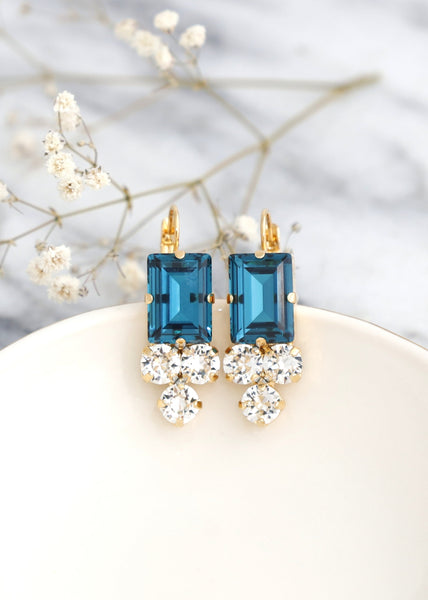 Blue Teal Earrings, Peacock Blue Teal Drop Earrings, Indicolite Swarovski Earrings, Gift for her, Blue Teal Lever Back Crystal Earrings