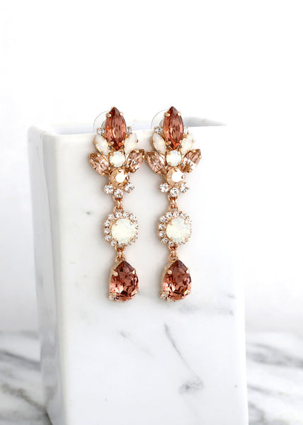 Bridal Blush Chandeliers, Blush Crystal Drop Chandelier, Blush Rose Earrings, Bridal Rose Gold Earrings, Bridal Long Crystal Earrings