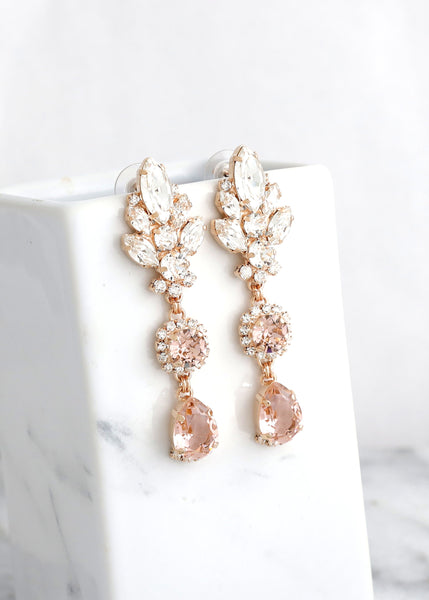 Blush Pink BRIDAL LONG EARRINGS, Bridal Blush Rose Chandeliers, Morganite Crystal Long Chandelier Earrings, Bridal Dusty Rose Earrings