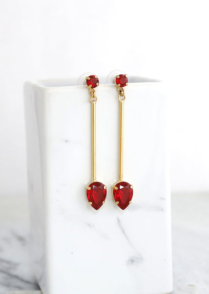 Red Ruby Crystal Long Dangle Earrings,  Red Drop Earrings, Long Red Garnet Dangle Earrings, Bridal Red Earrings, Red Crystal Earrings