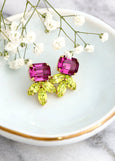 Pink Green Earrings, Bridal Fuchis Pink Stud Earrings, Green Pink Stud Earrings, Bridesmaids Pink Earrings, Pink Fuchsia Crystal Earrings