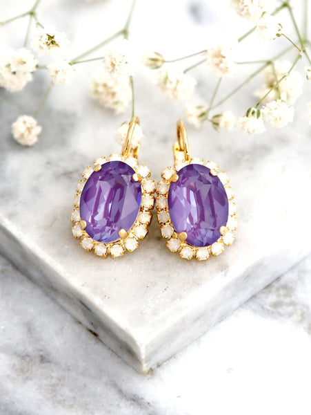 Purple Crystal Drop Crystal Earrings, Purple Violet Gold Earrings, Bridal Purple Earrings, Purple Plum Crystal Oval Earrings, Gift For Her
