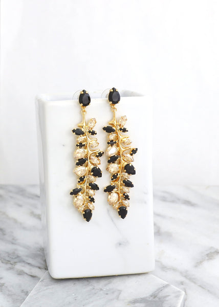 Black Gold Chandelier Earrings, Bridal Black Long Crystal Earrings, Black LONG Earrings, Black Statement Earrings, Crystal Dangle Earrings