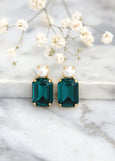 Emerald Bridal Green Earrings, Pearl Green Emerald Crystal Stud Earrings, Emerald Cut Earrings, Pearl Earrings, Bridesmaids Earrings.