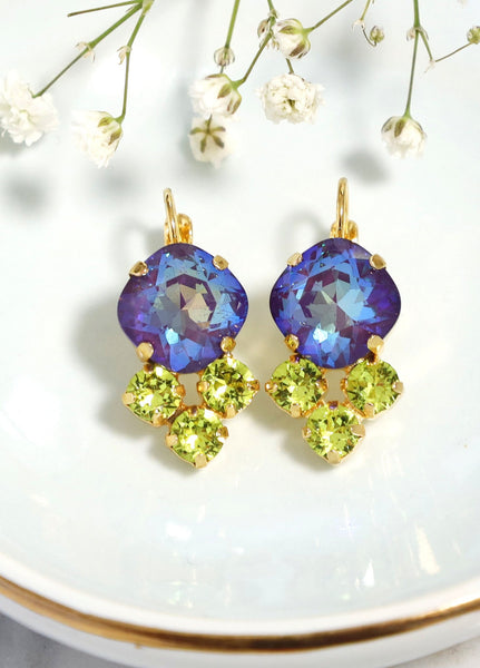 Purple Green Earrings, Purple Green Drop Crystal Earrings, Purple Earrings, Violet Crystal Earrings, Bridal Purple Earrings, Gift For Her