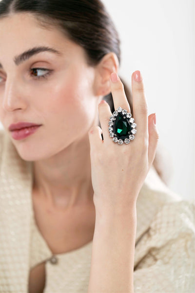 Cocktail Ring, Emerald Cocktail Crystal Ring, Statement Emerald Green Ring, Oversize Emerald Crystal Adjustable Ring, Crystal Green Ring