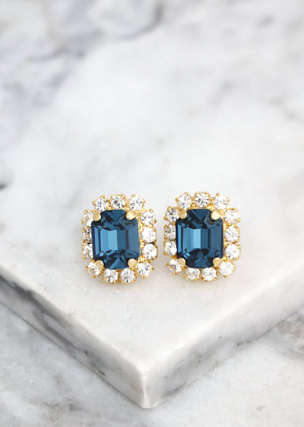 Blue Navy Crystal Stud Earrings, Navy Blue Crystal Earrings, Bridal Sapphire Blue Studs, Emerald Cut Blue Navy Bridal Earrings, Blue Studs