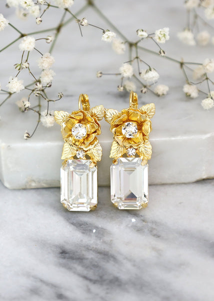 Bridal Drop Crystal Earrings, Bridal Flower Crystal Earrings, Emerald Cut Crystal Drop Earrings, Bridal Drop Earrings, Bridesmaids Earrings