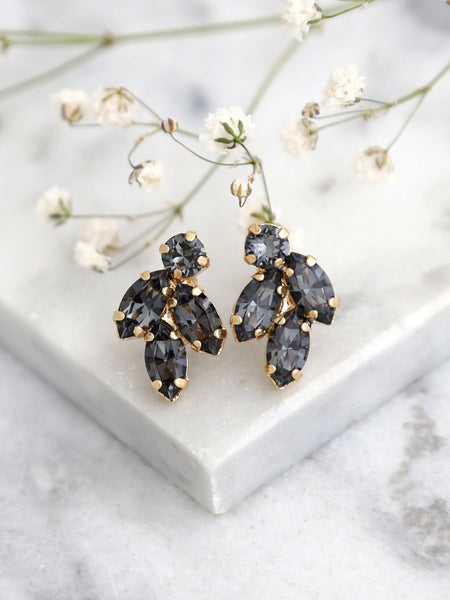 Gray Stud Earrings, Bridal Dark Gray Earrings, Black Gold Crystal Stud Earrings, Gray Cluster Stud Earrings, Gray Black Crystal Studs