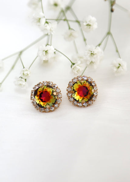 Multi Color Stud Earrings, Green Pink Gold Crystal Stud Earrings, Green Pink Classic Earrings, Brideiamds Earrings, Vitrail Medium Studs