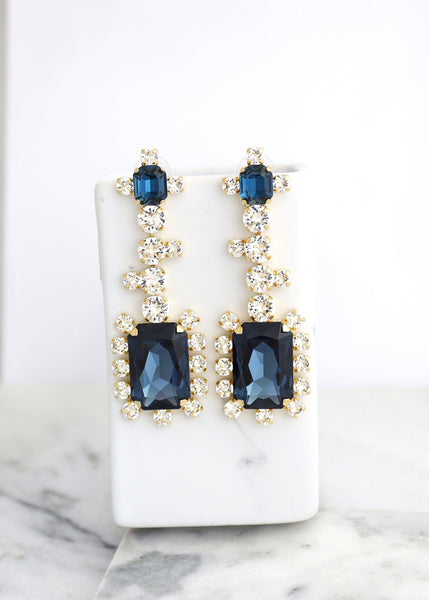 Blue Navy Chandelier Earrings, Bridal Blue Statement Drop Earrings, Oversize Blue Navy Chandeliers Earrings, Dark Blue Crystal Earrings