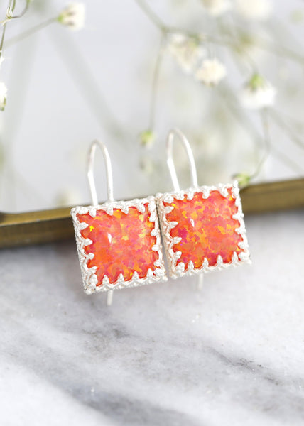 Opal Silver Earrings, Opal Drop Sterling Silver Earrings, Fire Opal Silver Earrings, Gift for her, Australian Opal, Orange Silver Earrings,