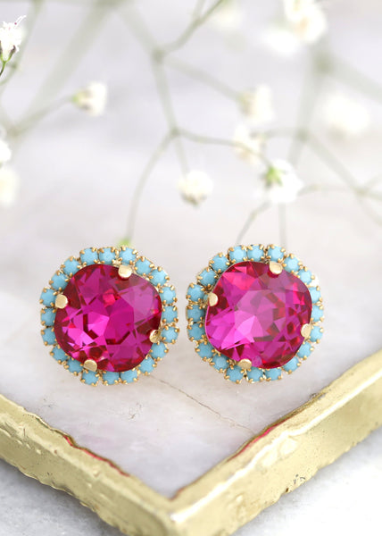 Fuchsia Crystal Stud Earrings, Fuchsia Pink Crystal Stud Earrings, Crystal Stud Magenta Earrings, Brideamid Gifts, Gift For Her