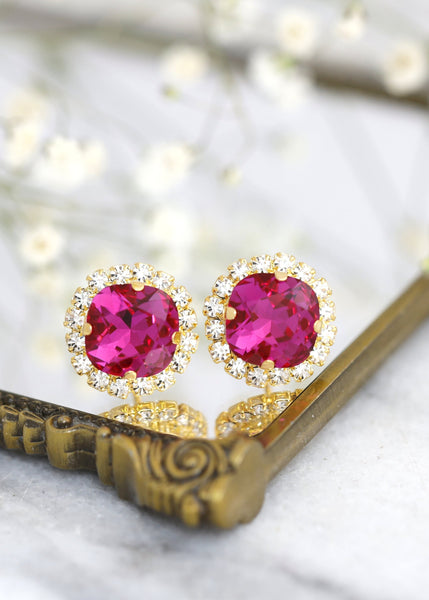Crystal Fuchsia Pink Bridesmaid Earrings - Handmade and Elegant Hot Pink Earrings, Gift For Her, Bridesmaid Gifts, Magenta Earrings