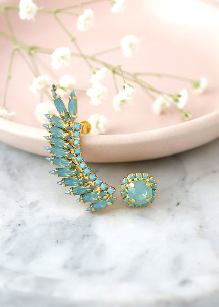 Ear Climber Earrings, Bridal Sage Green Crystal Ear Climbing Earrings, Mint Opal Ear Climber Earrings, Mint Green Opal Ear Crawler Earrings