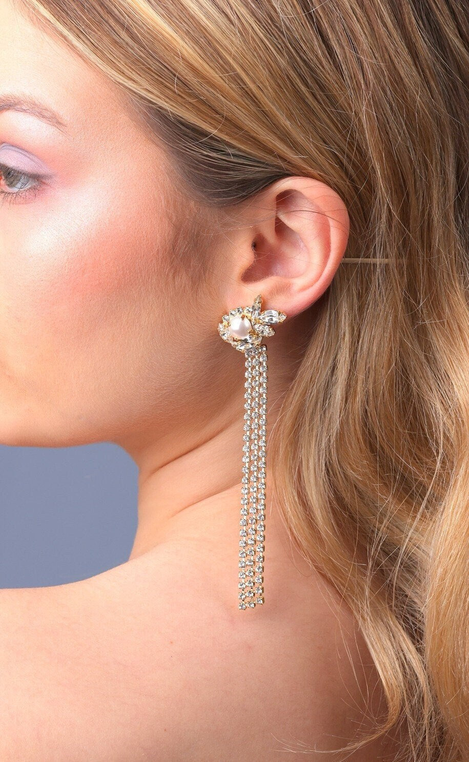 Bridal Long Pearl Drop Earrings, Bridal Crystal Pearl Chandelier Earrings, Bridal Tassel Pearl Earrings, Bridal Pearl Climbing Earrings