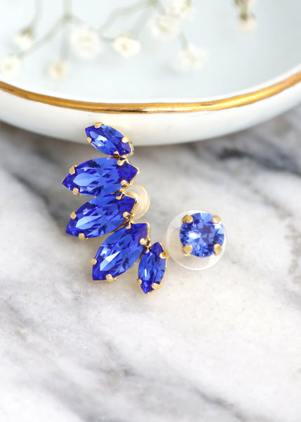 Ear Climber earrings, Blue Sapphire Climbing earrings, Blue Ear Cuff Swarovski Earrings, Blue Sapphire Ear Crawler Crystal Earrings