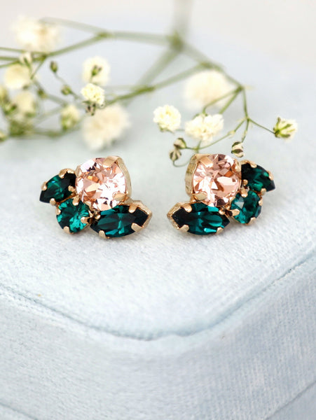 Blush Green Stud Earrings, Blush Rose Emerald Green Crystal Earrings, Bridal Green Blush Crystal Earrings, Bridesmaids Earrings,Gift For Her