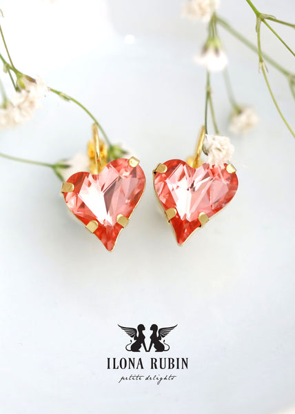 Heart Drop Earrings, Peach Rose Crystal Drop Earrings, Gift For Her, Coral Crystal Earrings, Peach Swarovski Earrings, Heart Drop Earrings