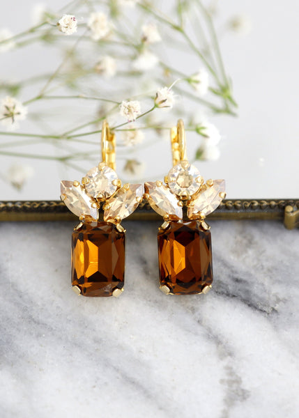 Brown Crystal Earrings, Browen Crystal Leverback Earrings, Bridal Burgundy Earrings,Smoked Amber Earrings, Bridesmaid Earrings, Gift For Her