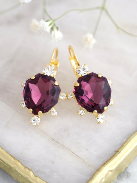 Mulberry Crystal Drop Earrings, Bridal Purple Crystal Earrings, Purple Drop Earrings, Mulberry Wedding Jewelry, Purple Crystal Droplets