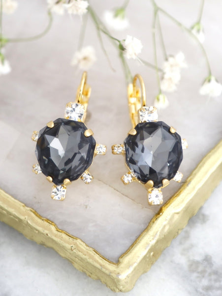 Dark Gray Crystal Earrings, Black Gold Drop Crystal Earrings, Gift For Woman, Swarovski Dark Gray Crystal Earrings 