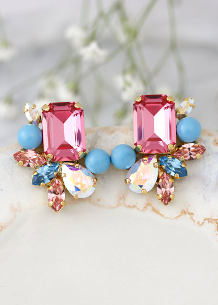 Pink Blue Cluster Crystal Earrings, Blue Pink Swarovski Cluster Earrings, Bridal Rose Pink Crystal Stud Earrings, Gift For Her
