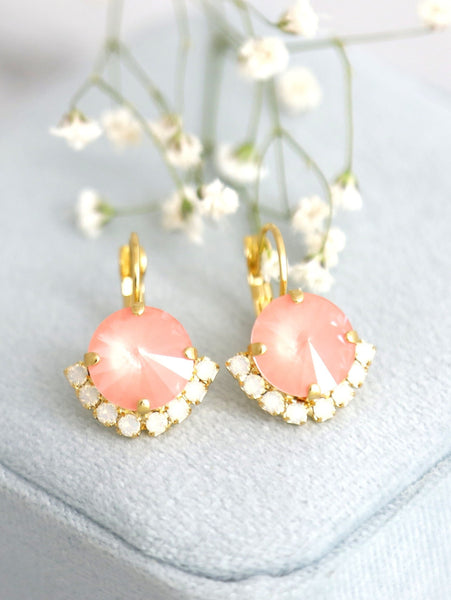 Pink Flamingo Crystal Earrings, Pink Crystal Drop Earrings, Peach Bridal Earrings, Pink Flamingo Crystal Wedding Earrings, Gift For Her