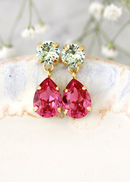 Green Pink Chandelier Earrings, Bridal Pink Green Drop Swarovski Earrings, Bridesmaids Gifts,Pink Crystal Dangle Drop Earrings, Gift For Her