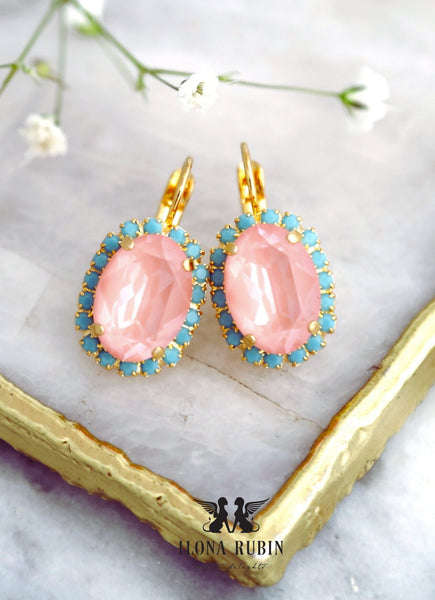 Flamingo Pink Crystal Earrings, Ballet Pink Crystal Drop Earrings, Pink Blue Earrings, Pink blue Earrings, Gift For Her, Bridesmaids Gifts