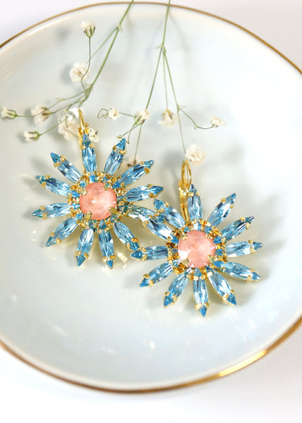 Flower Crystal Earrings, Bridal Blue Pink Drop Earrings, Daisy Crystal Earrings, Bridal Spring Earrings, Gift For Mother, Flower Earrings