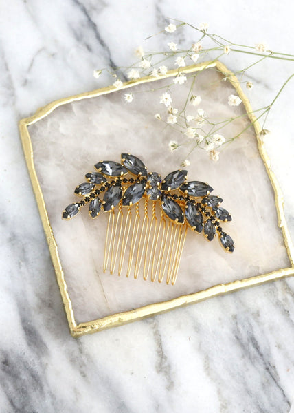 Bridal Gray Hair Comb, Dark Gray Bridal Hair Crystal Comb, Black Gold Hair Comb, Bridal Hair Accessories, Bridal Swarovski Gray Hair Comb