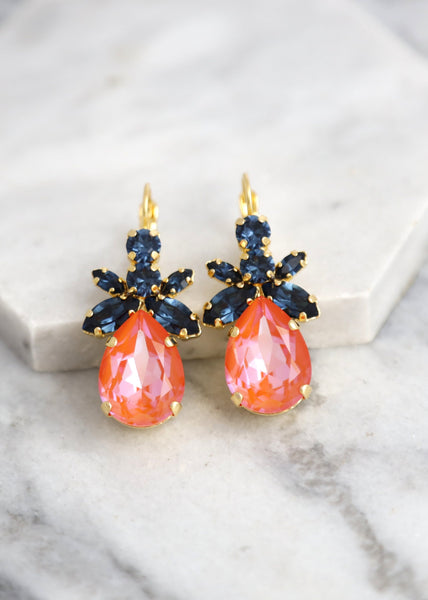 Orange Blue Earrings, Blue Navy Orange Drop Crystal Earrings, Bridesmaids Earrings, Orange Blue Drop Earrings, Gift For Her, Orange Earrings
