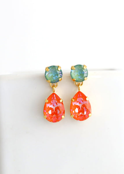 Orange Crystal Drop Earrings, Orange Green Dangle Crystal Wedding Earrings, Bridal Sage Green Burnt Ornage Classic Bridesmaid Earrings,